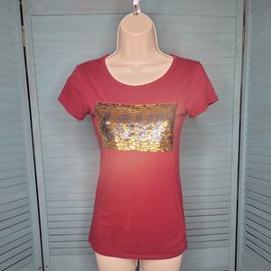 First Love Shirt Blouse ~ Sz  S  ~ Burgundy & Gold ~ Short Sleeve